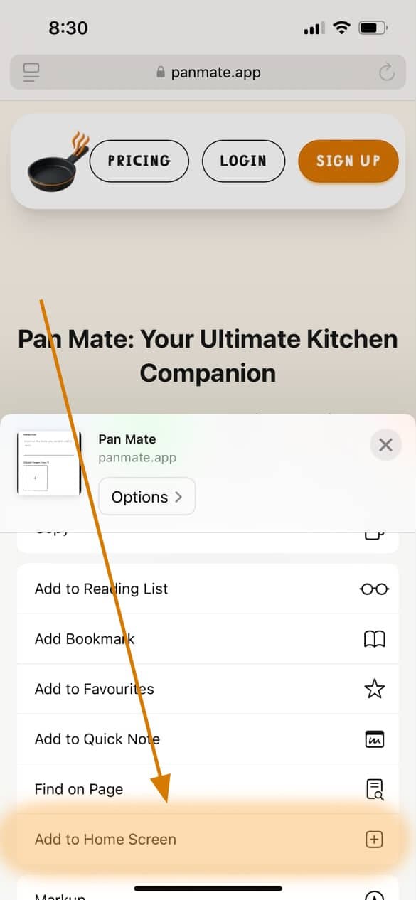 Step 2: Select Add to Home Screen option from share menu